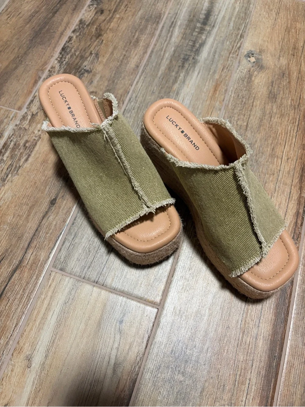 Lucky Brand Olive Green Frayed Canvas Platform Slide Sandals